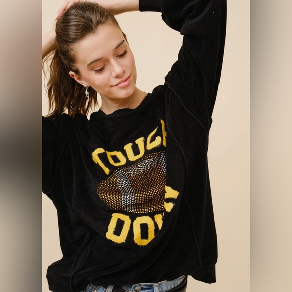 NEW Blue B. Touchdown Black Terry Rhinestone Football Game Day Sweatshirt OS - Picture 4 of 7